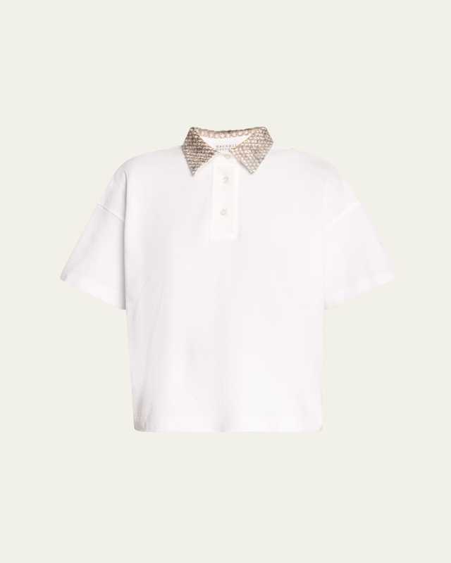 Embroidered Collar Cotton Piquet Polo Shirt